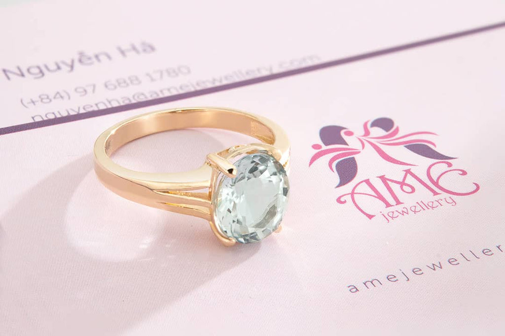 Nhẫn Vàng Đá quý thiên nhiên Oval-cut Aquamarine Ring in 14K yellow Gold by AME Jewellery