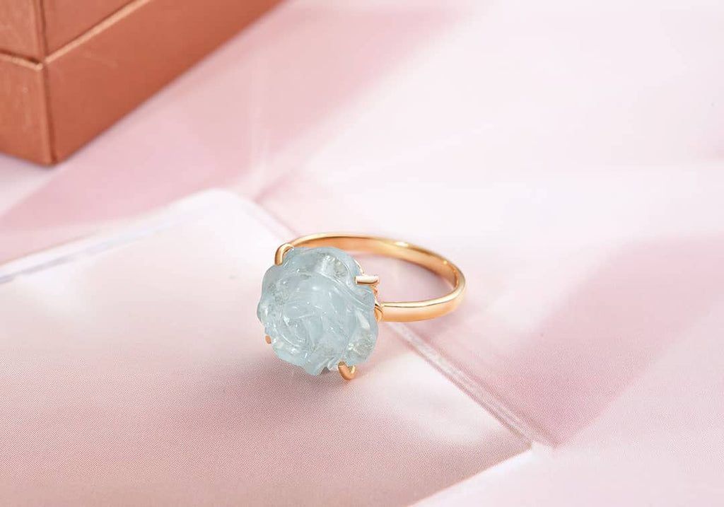 Nhẫn Vàng 14K Hoa Hồng Đá quý tự nhiên Aquamarine Carved Rose Flower Ring in 14-karat Yellow Gold by AME Jewellery