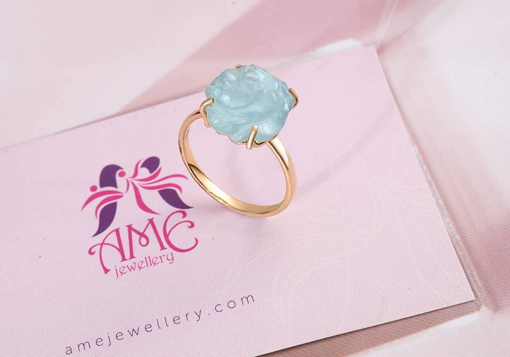 Nhẫn Vàng 14K Hoa Hồng Đá quý tự nhiên Aquamarine Carved Rose Flower Ring in 14-karat Yellow Gold by AME Jewellery