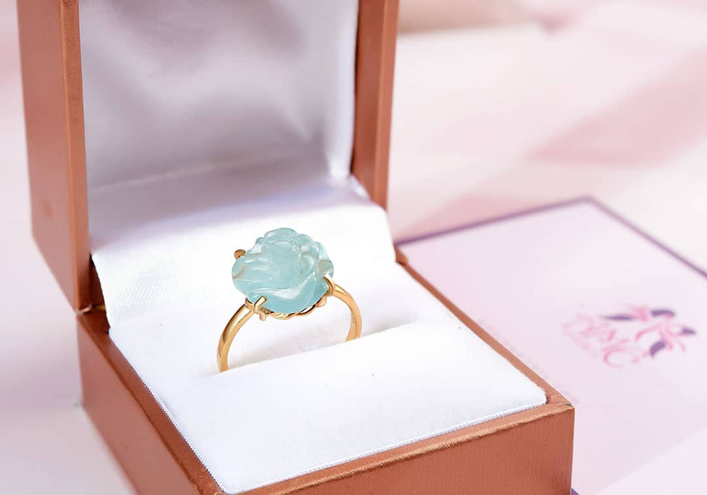 Nhẫn Vàng 14K Hoa Hồng Đá quý tự nhiên Aquamarine Carved Rose Flower Ring in 14-karat Yellow Gold by AME Jewellery