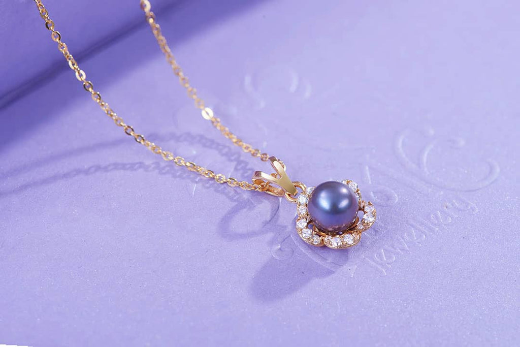 Aubergine Freshwater Pearl Flower Pendant in 14K Yellow Gold - AME Jewellery