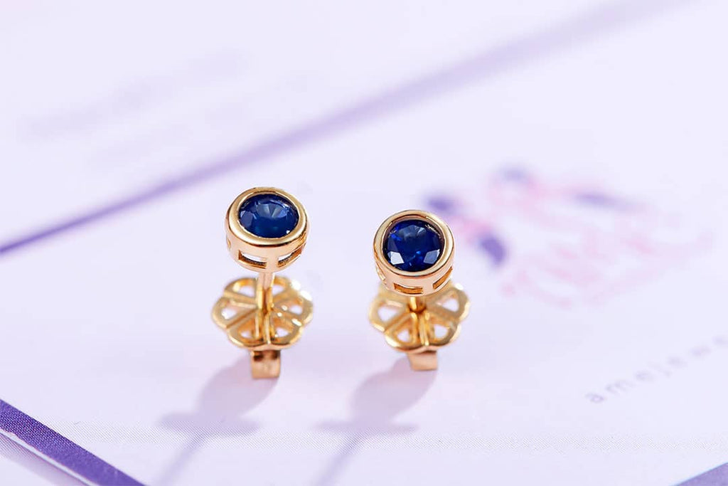 Bông tai Vàng Đá quý tự nhiên Blue Sapphire Bezel Earrings in 14K Yellow Gold by AME Jewellery