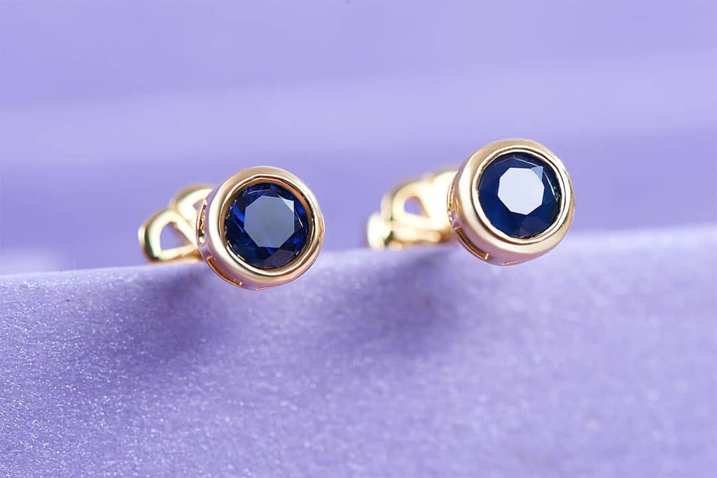 Bông tai Vàng Đá quý tự nhiên Blue Sapphire Bezel Earrings in 14K Yellow Gold by AME Jewellery