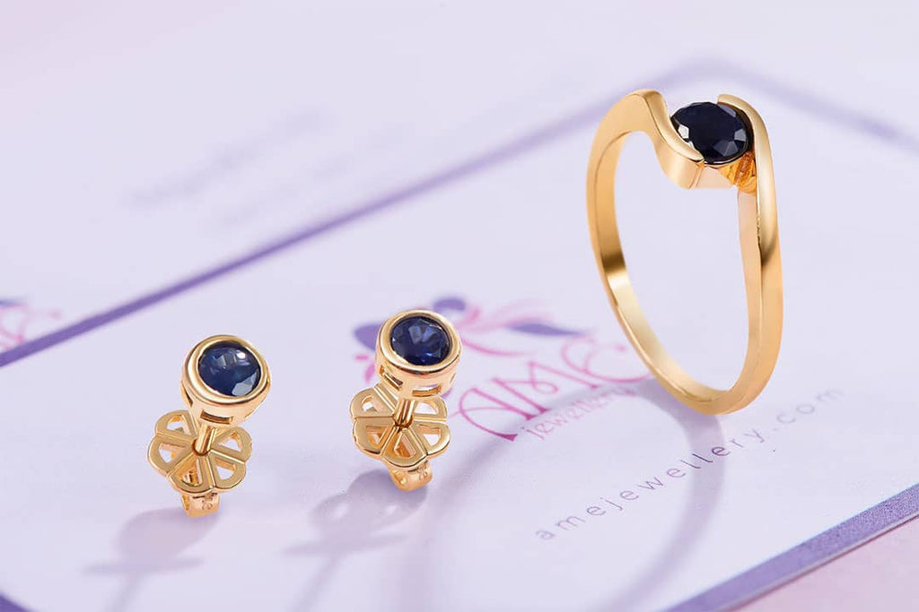 Trang sức Vàng Đá quý tự nhiên Blue Sapphire Bezel Jewelry Set in 14K Yellow Gold by AMEJewellery