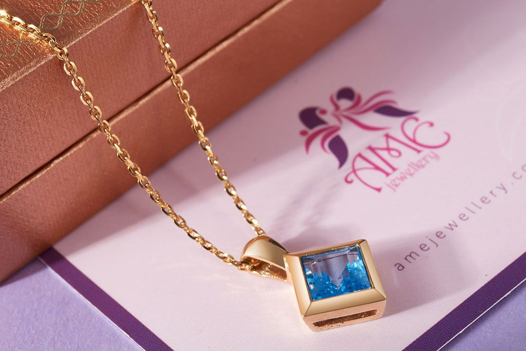 Mặt dây chuyền Vàng 14K Đá quý thiên nhiên Blue Topaz Pendant necklace in 14K yellow Gold by AME Jewellery