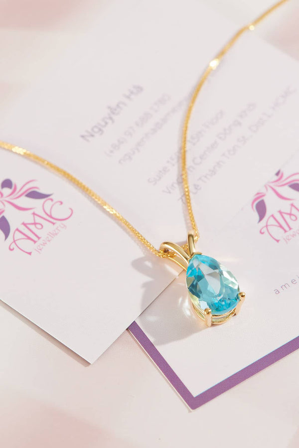 Mặt dây chuyền Vàng Đá quý thiên nhiên Pear Blue Topaz Pendant Necklace in 14K Yellow Gold by AME Jewellery