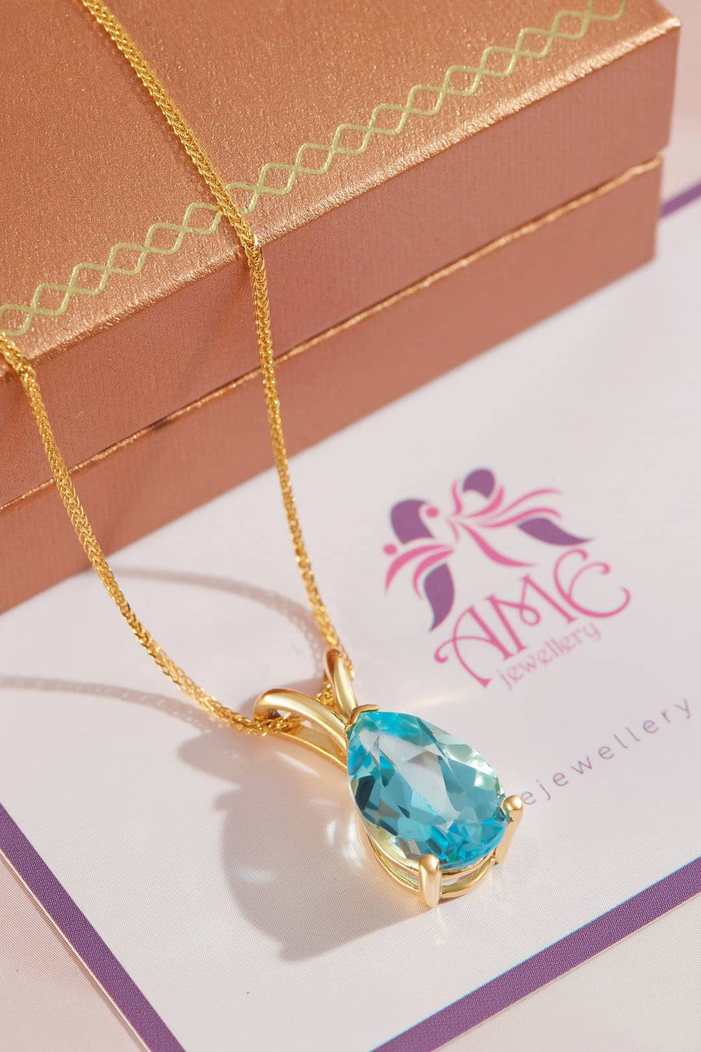 Mặt dây chuyền Vàng Đá quý thiên nhiên Pear Blue Topaz Pendant Necklace in 14K Yellow Gold by AME Jewellery