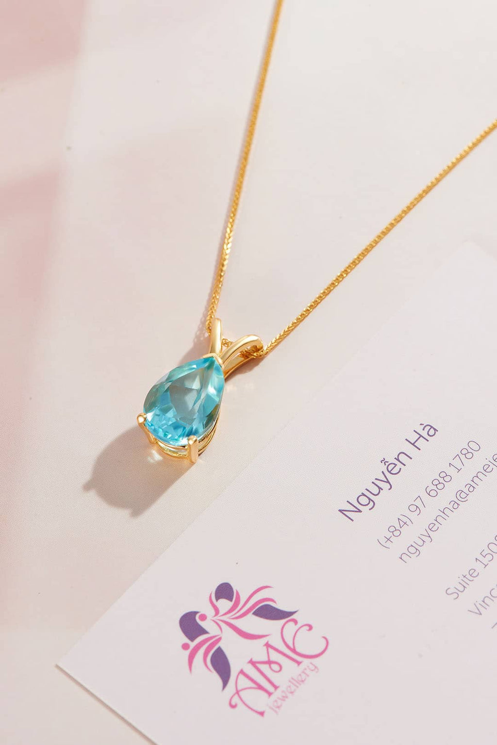 Mặt dây chuyền Vàng Đá quý thiên nhiên Pear Blue Topaz Pendant Necklace in 14K Yellow Gold by AME Jewellery