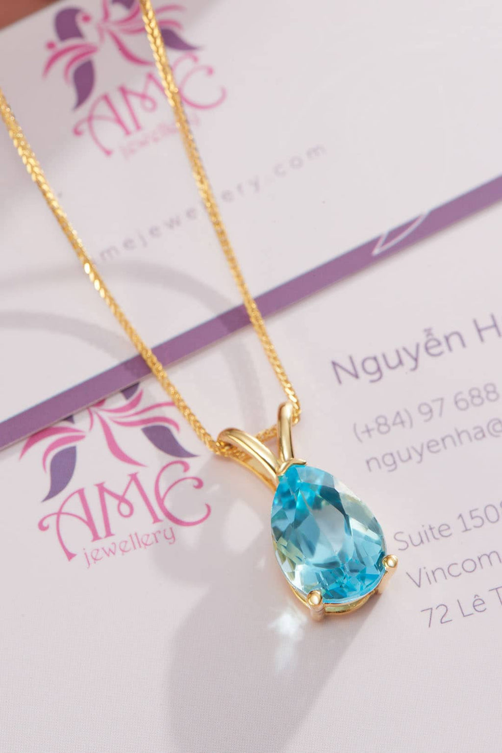 Mặt dây chuyền Vàng Đá quý thiên nhiên Pear Blue Topaz Pendant Necklace in 14K Yellow Gold by AME Jewellery