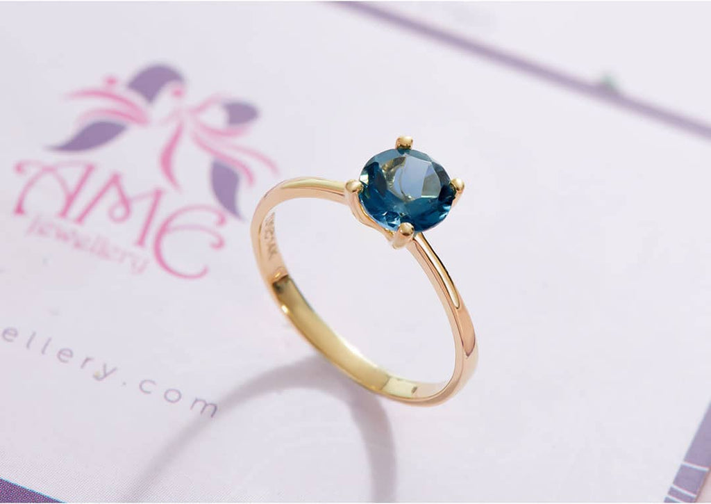 Nhẫn Vàng 14K Đá quý thiên nhiên London Blue Topaz  Solitaire Gold Ring | AME Jewellery