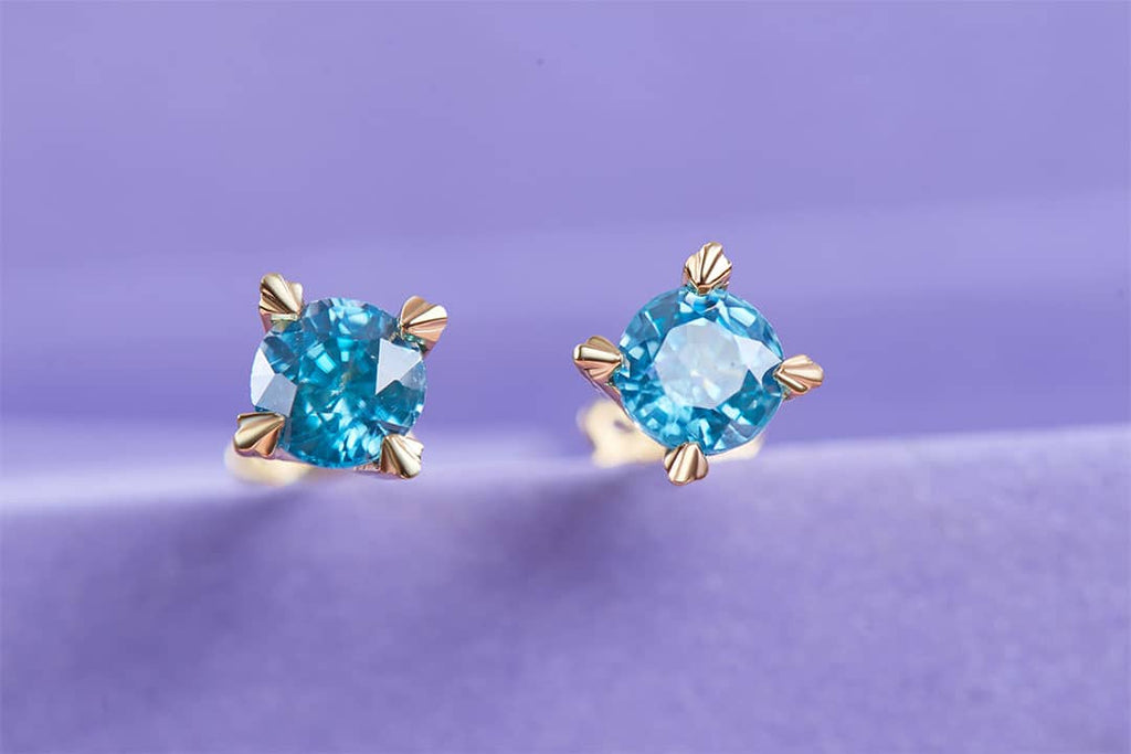 Bông tai Vàng 14K Đá quý thiên nhiên Blue Zircon Gold Earrings | AME Jewellery