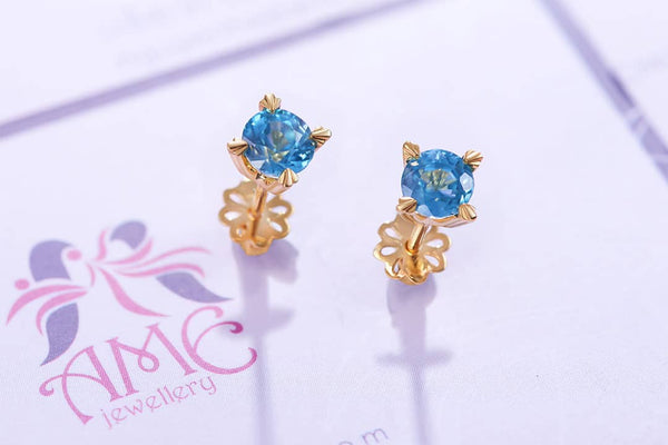 Bông tai Vàng 14K Đá quý thiên nhiên Blue Zircon Gold Earrings | AME Jewellery