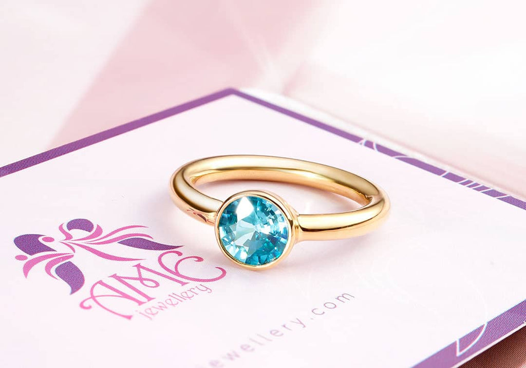 Nhẫn Vàng 14K Đá quý thiên nhiên Blue Zircon Bezel Ring in 14K Yellow Gold by AME Jewellery