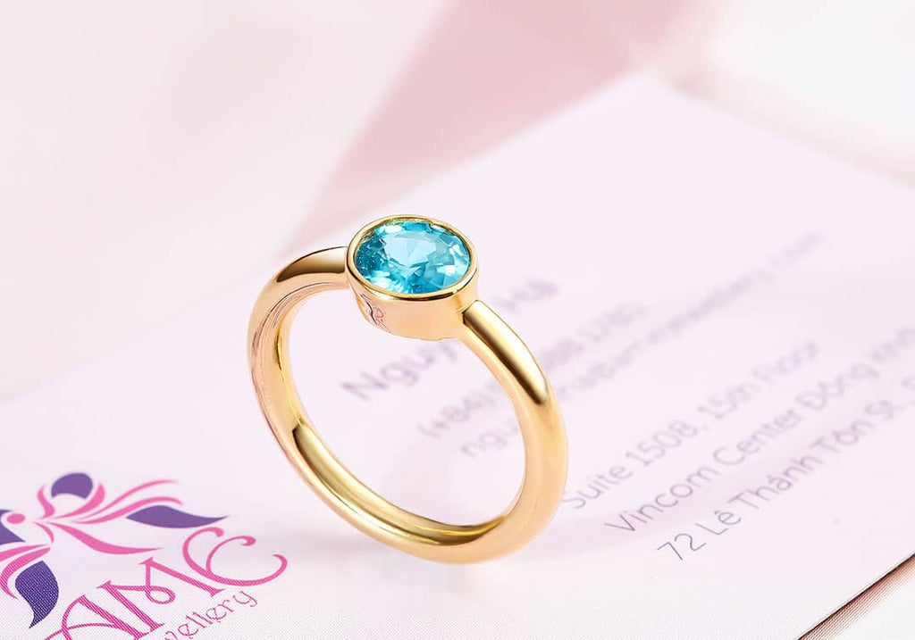 Nhẫn Vàng 14K Đá quý thiên nhiên Blue Zircon Bezel Ring in 14K Yellow Gold by AME Jewellery