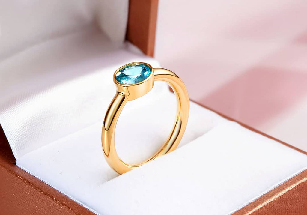 Nhẫn Vàng 14K Đá quý thiên nhiên Blue Zircon Bezel Ring in 14K Yellow Gold by AME Jewellery