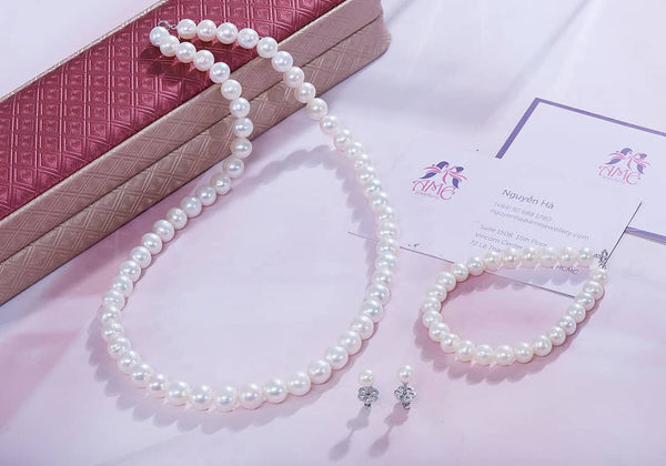 Bộ Trang sức Chuỗi Ngọc trai nước ngọt trắng White Freshwater Pearls Strand Jewelry by AME Jewellery