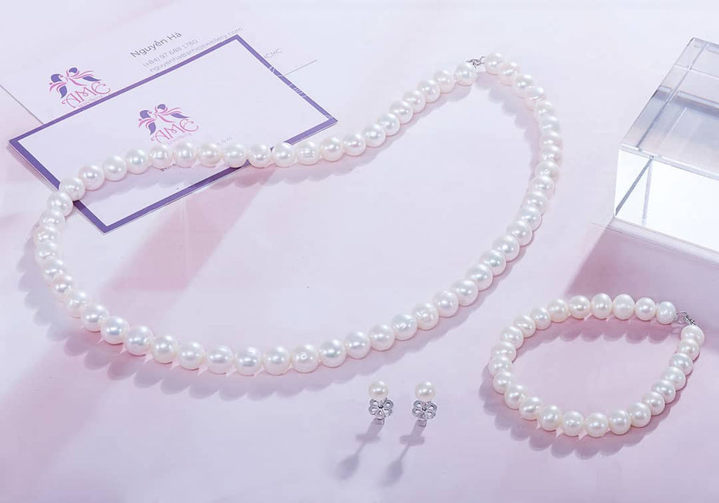 Bộ Trang sức Chuỗi Ngọc trai nước ngọt trắng White Freshwater Pearls Strand Jewelry by AME Jewellery