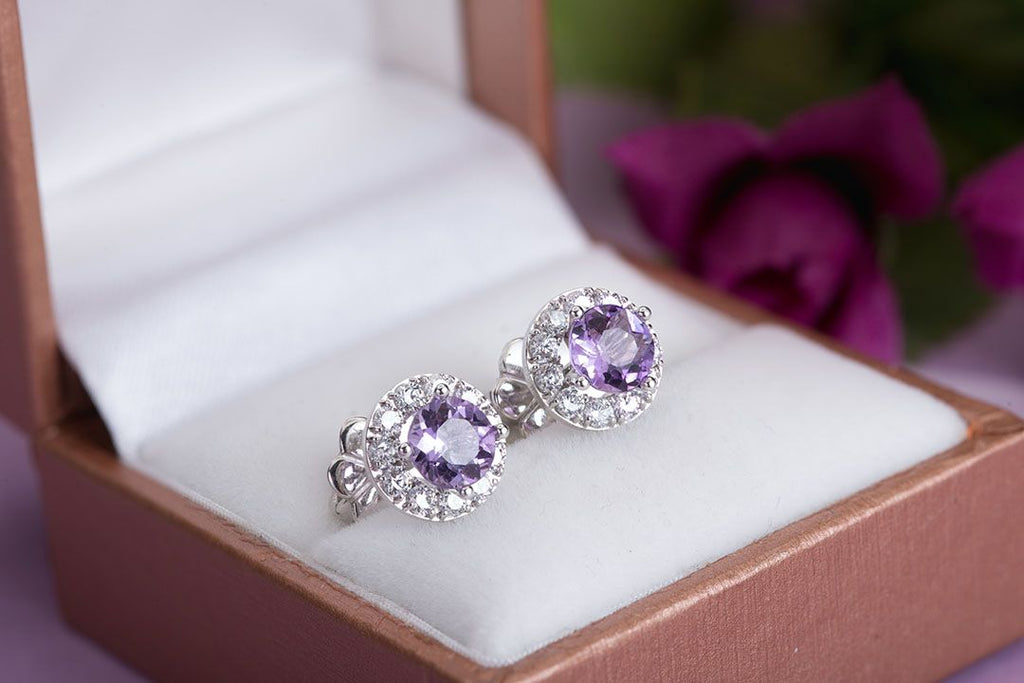 Bông tai Đá quý tự nhiên Amethyst Halo Silver Earrings by AME Jewellery