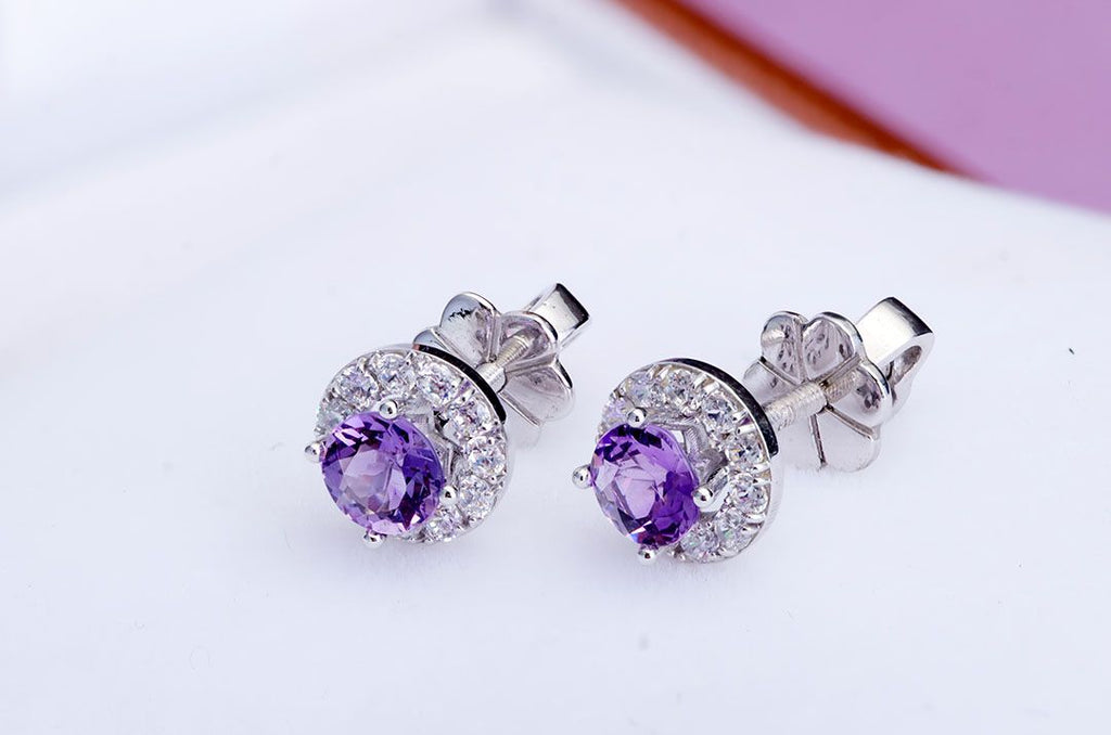 Bông tai Đá quý tự nhiên Amethyst Halo Silver Earrings by AME Jewellery