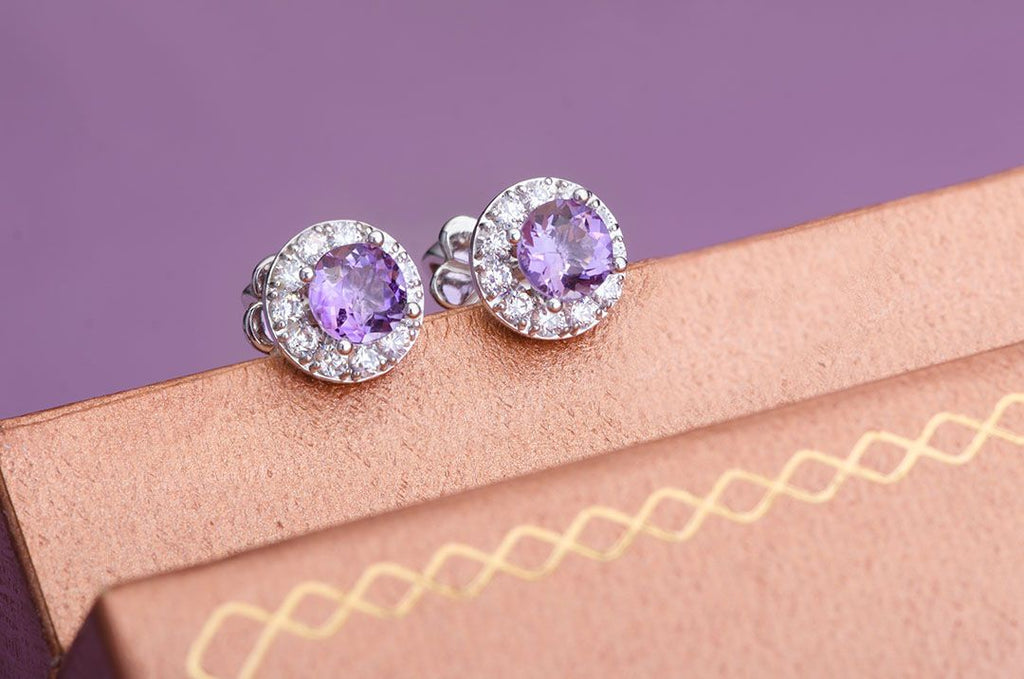 Bông tai Đá quý tự nhiên Amethyst Halo Silver Earrings by AME Jewellery