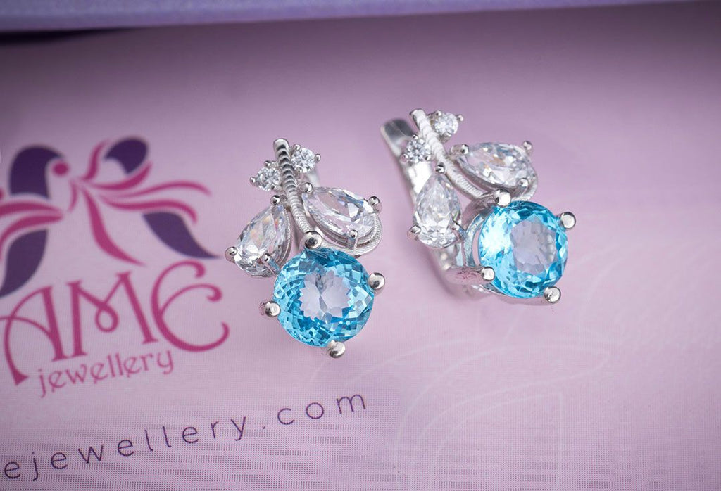 Bông tai Đá quý tự nhiên Blue Topaz Leaf Earrings in Sterling Silver by AME Jewellery