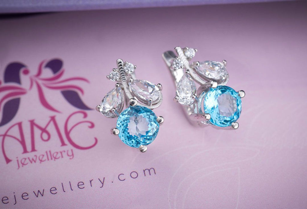 Bông tai Đá quý tự nhiên Blue Topaz Leaf Earrings - AME Jewellery