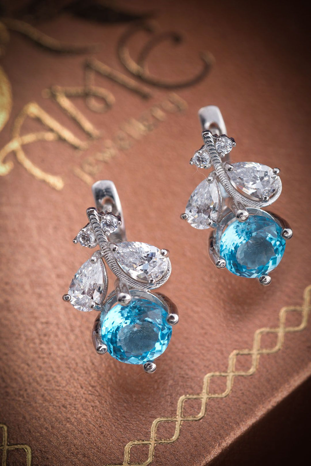 Bông tai Đá quý tự nhiên Blue Topaz Leaf Earrings in Sterling Silver by AME Jewellery