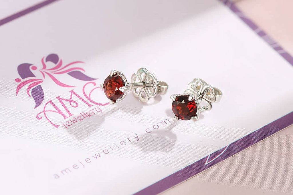 Bông tai Đá quý thiên nhiên Red Garnet Silver 4 prong Earrings in Sterling Silver by AME Jewellery