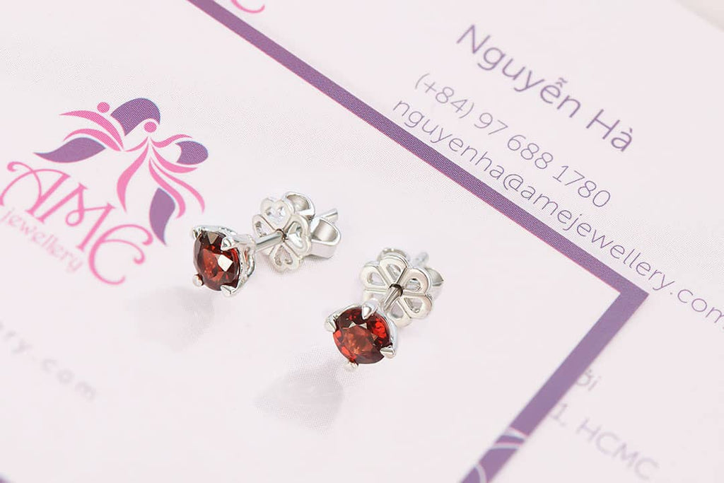 Bông tai Đá quý thiên nhiên Red Garnet Silver 4 prong Earrings in Sterling Silver by AME Jewellery