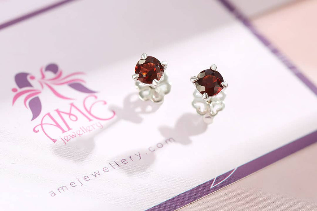 Bông tai Đá quý thiên nhiên Red Garnet Silver 4 prong Earrings in Sterling Silver by AME Jewellery