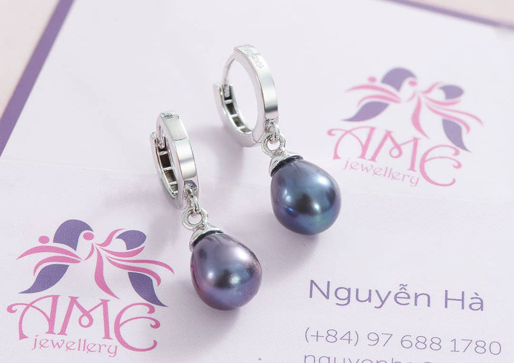 Bông tai Ngọc trai Aubergine Pear Freshwater Pearl Huggie Hoop Earrings by AME Jewellery