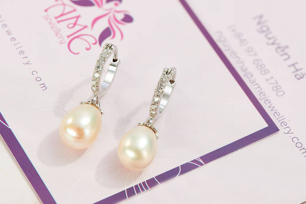 Bông tai Ngọc trai nước ngọt giọt trắng | Pearl Hinged Earrings | AME Jewellery