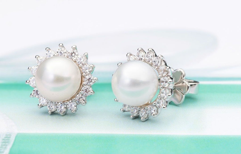Boucles d'oreilles tournesol en argent sterling et perles de culture d'eau douce blanches - AME Jewellery