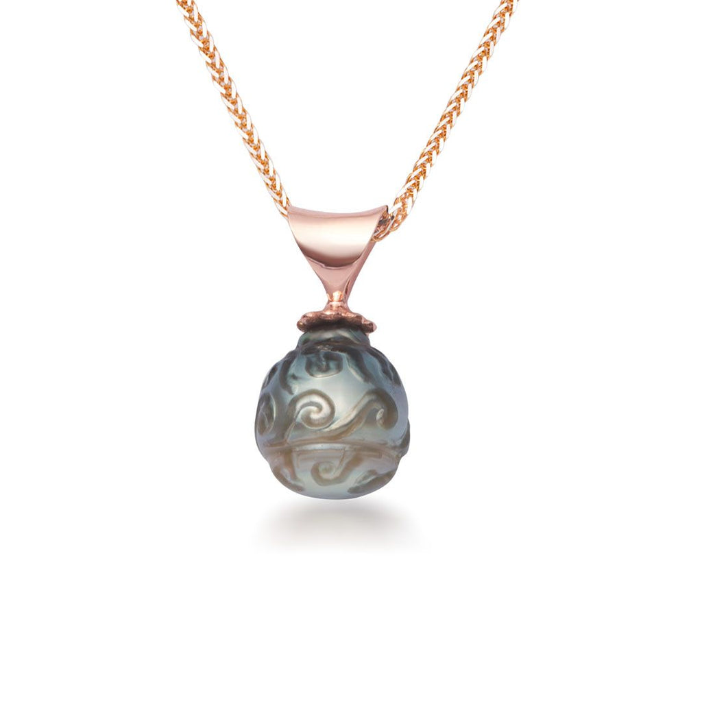 Mặt dây chuyền Vàng hồng Ngọc trai Biển Tahiti chạm khắc Carved Tahitian Cultured Pearl Pendantin 14K Rose Gold by AME Jewellery