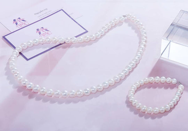 Bộ Chuỗi cổ Vòng tay Ngọc trai nuôi nước ngọt trắng | AME Jewellery