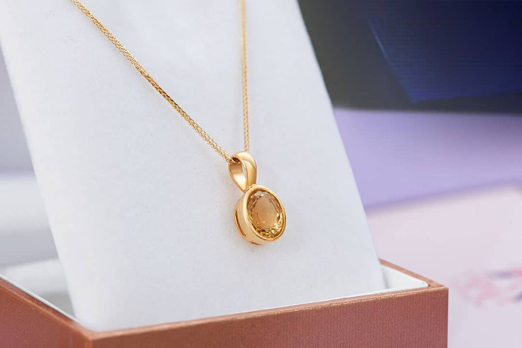 Mặt dây chuyền Vàng Đá quý tự nhiên oval Citrine Bezel Pendant Necklace in 14K Yellow Gold by AME Jewellery