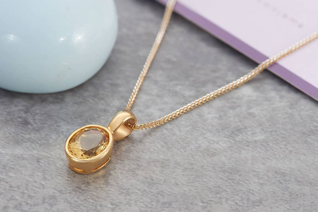 Mặt dây chuyền Vàng Đá quý tự nhiên oval Citrine Bezel Pendant Necklace in 14K Yellow Gold by AME Jewellery