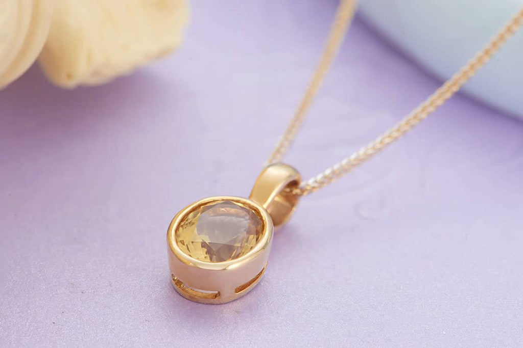 Mặt dây chuyền Vàng Đá quý tự nhiên oval Citrine Bezel Pendant Necklace in 14K Yellow Gold by AME Jewellery