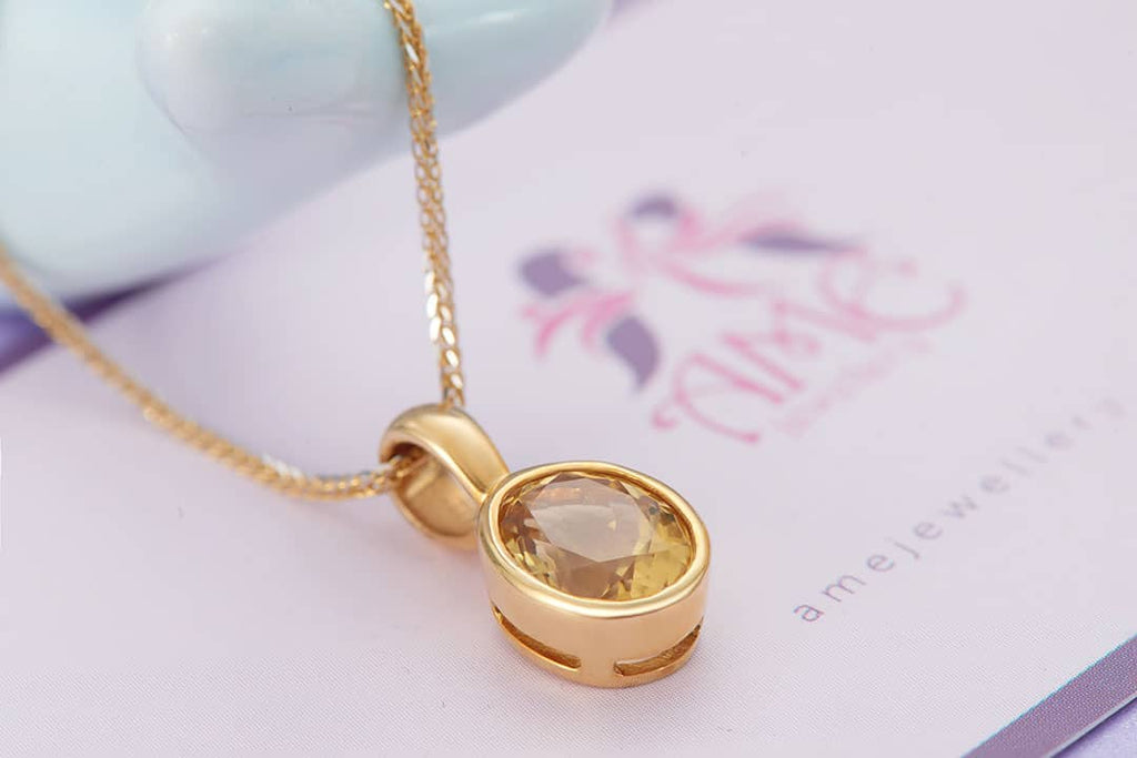 Mặt dây chuyền Vàng Đá quý tự nhiên oval Citrine Bezel Pendant Necklace in 14K Yellow Gold by AME Jewellery