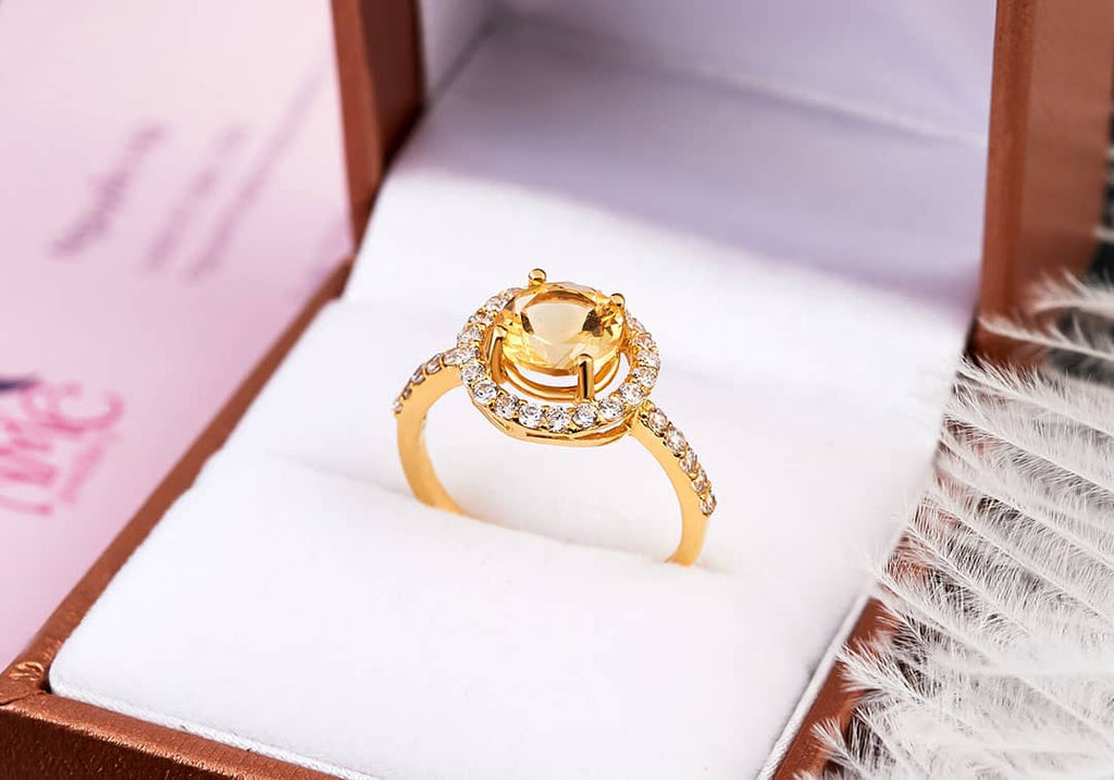 Nhẫn Vàng Đá quý thiên niên Citrine Halo Ring in 14K yellow Gold by AME Jewellery