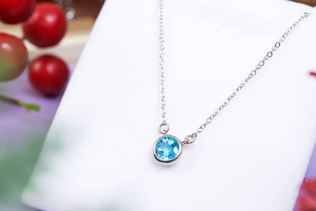 Dây chuyền Đá quý thiên nhiên Blue Topaz Solitaire Bezel Chain Necklace in Sterling Silver by AME Jewellery