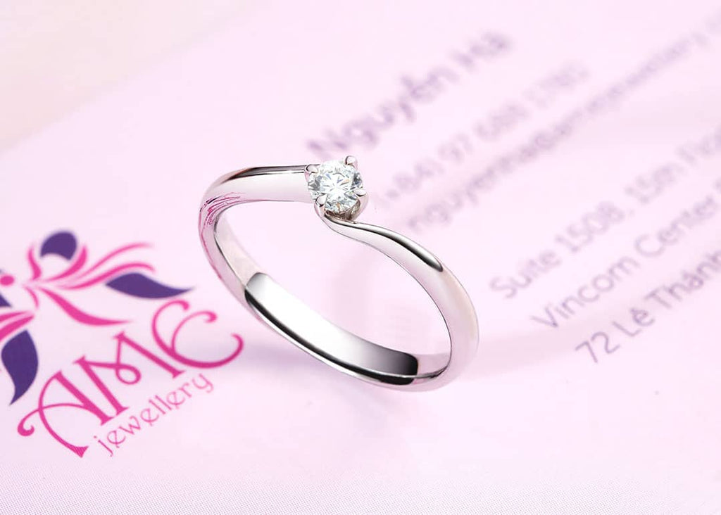 Nhẫn Kim cương | Natural Diamond Solitaire Twist Ring in 14K White Gold | AME Jewellery