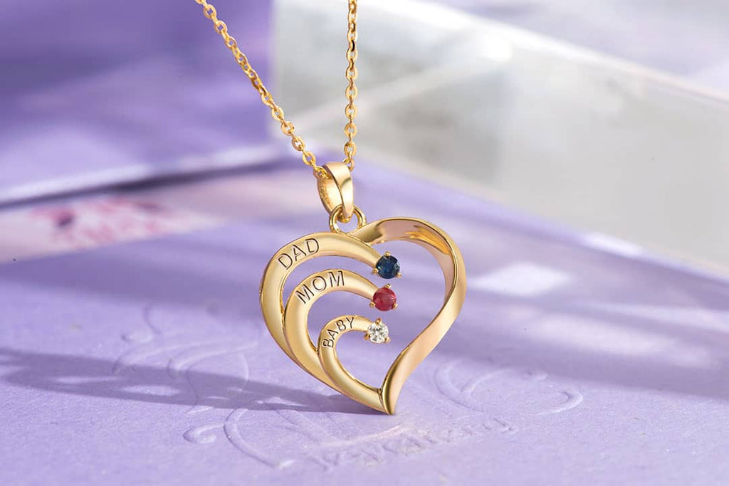 Mặt dây trái tim Vàng Đá quý tự nhiên Diamond Ruby Sapphire Family Heart Pendant Necklace in 14K Yellow Gold by AME Jewellery