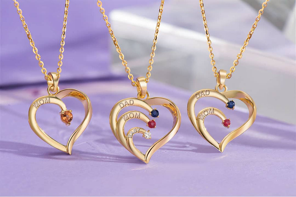 Mặt dây trái tim Vàng Đá quý tự nhiên Diamond Ruby Sapphire Family Heart Pendant Necklace in 14K Yellow Gold by AME Jewellery