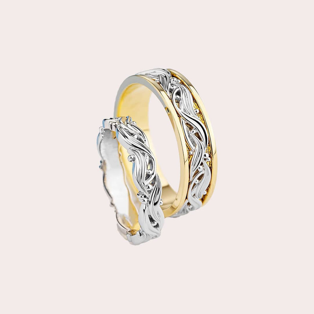 Floral Wedding Rings for Couple in 14K White Gold & Yellow Gold | AME Jewellery