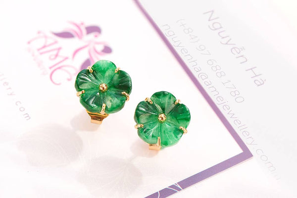 Bông tai Vàng 14K Đá Cẩm thạch Miến Điện thiên nhiên | Burmese Jadeite Jade Gold Earrings | AME Jewellery