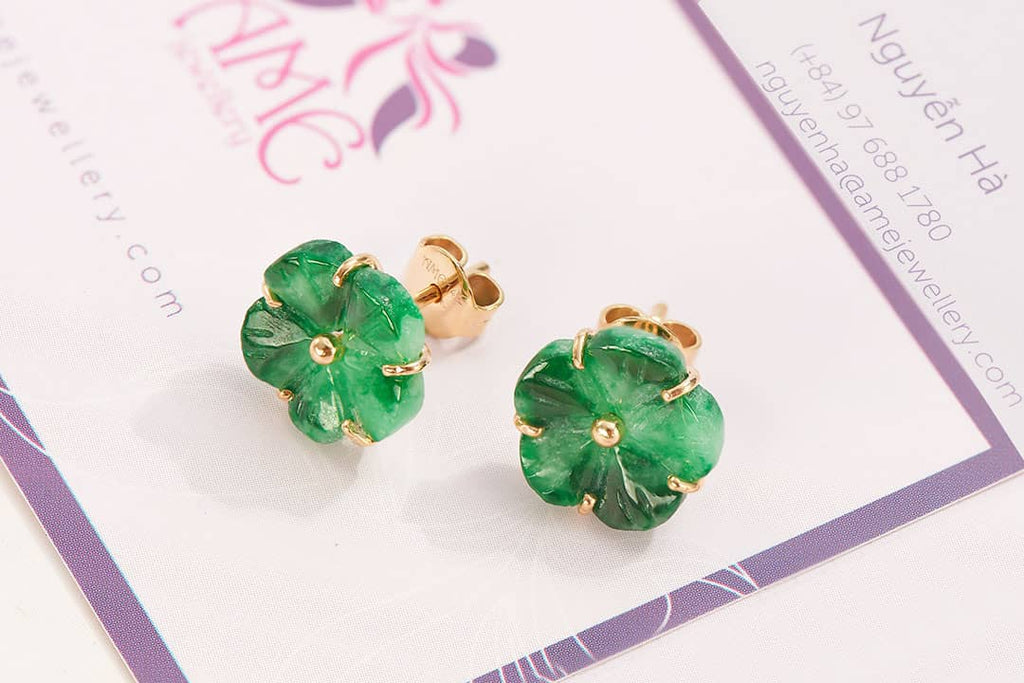 Bông tai Vàng 14K Đá Cẩm thạch Miến Điện thiên nhiên | Burmese Jadeite Jade Gold Earrings | AME Jewellery