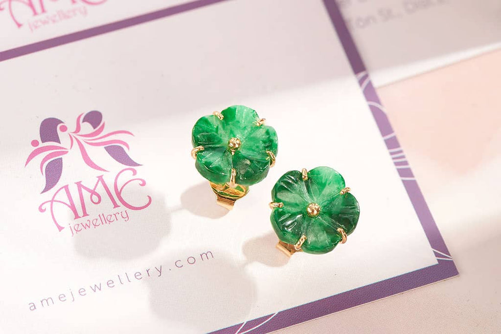 Bông tai Vàng 14K Đá Cẩm thạch Miến Điện thiên nhiên | Burmese Jadeite Jade Gold Earrings | AME Jewellery