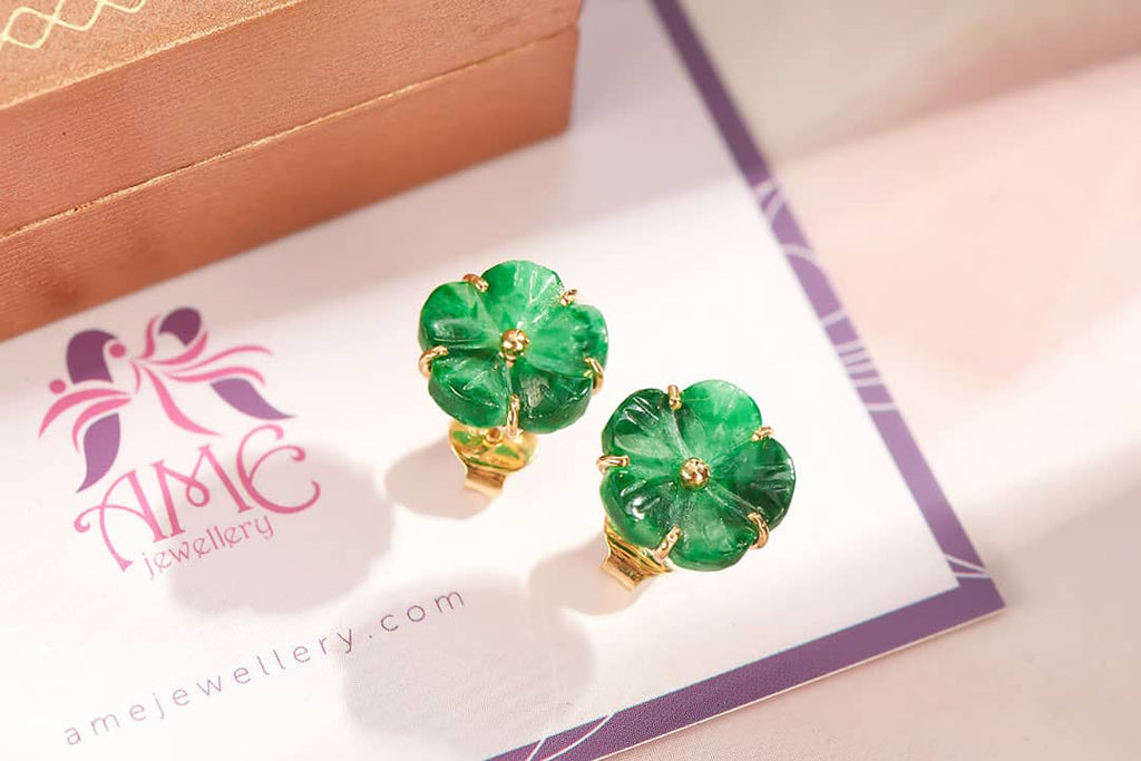 Bông tai Vàng 14K Đá Cẩm thạch Miến Điện thiên nhiên | Burmese Jadeite Jade Gold Earrings | AME Jewellery