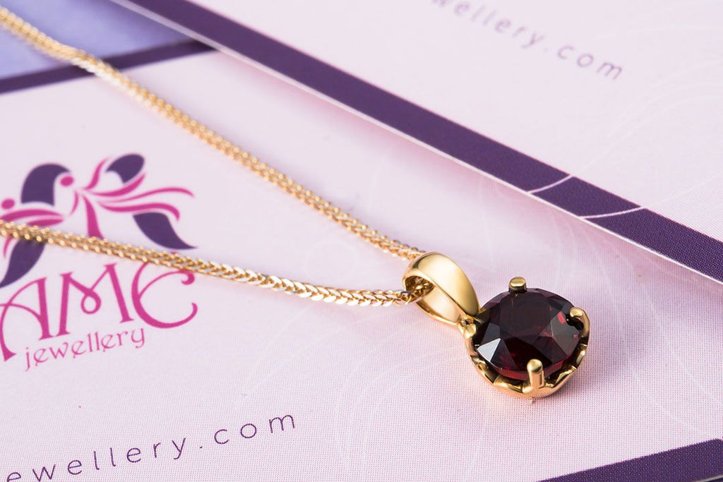 Mặt dây chuyền Vàng Đá quý tự nhiên Red Garnet Pendant Necklace in 14K yellow Gold by AME Jewellery